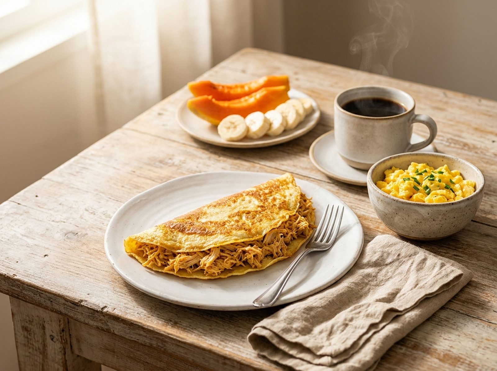 Mesa de café da manhã com crepioca, ovos mexidos, frutas e café